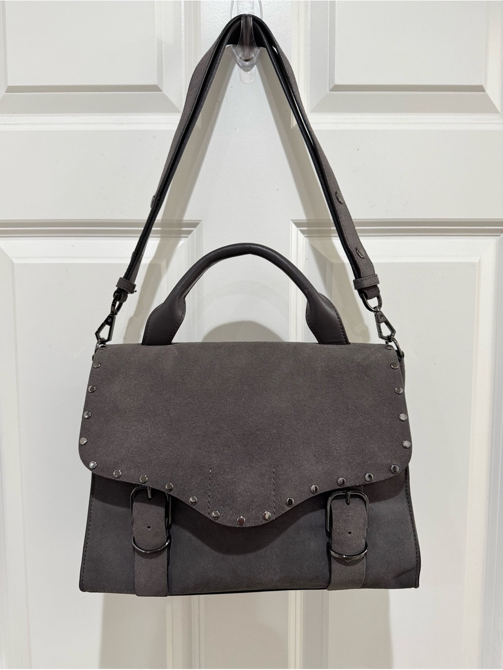 Rebecca Minkoff Studded Dark Gray Suede Leather Satchel Hand Bag